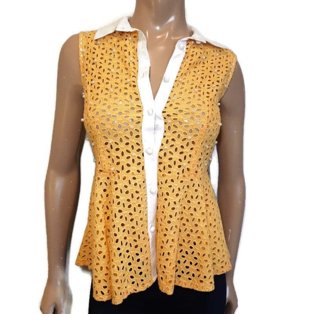 AP Pearl Beaded Eyelet Peplum Collared Top Yellow White Sleeveless
